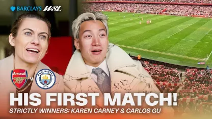 image: From Ballroom to the Emirates! 💃⚽️ Karen Carney takes Carlos Gu to his FIRST match! | Barclays WSL